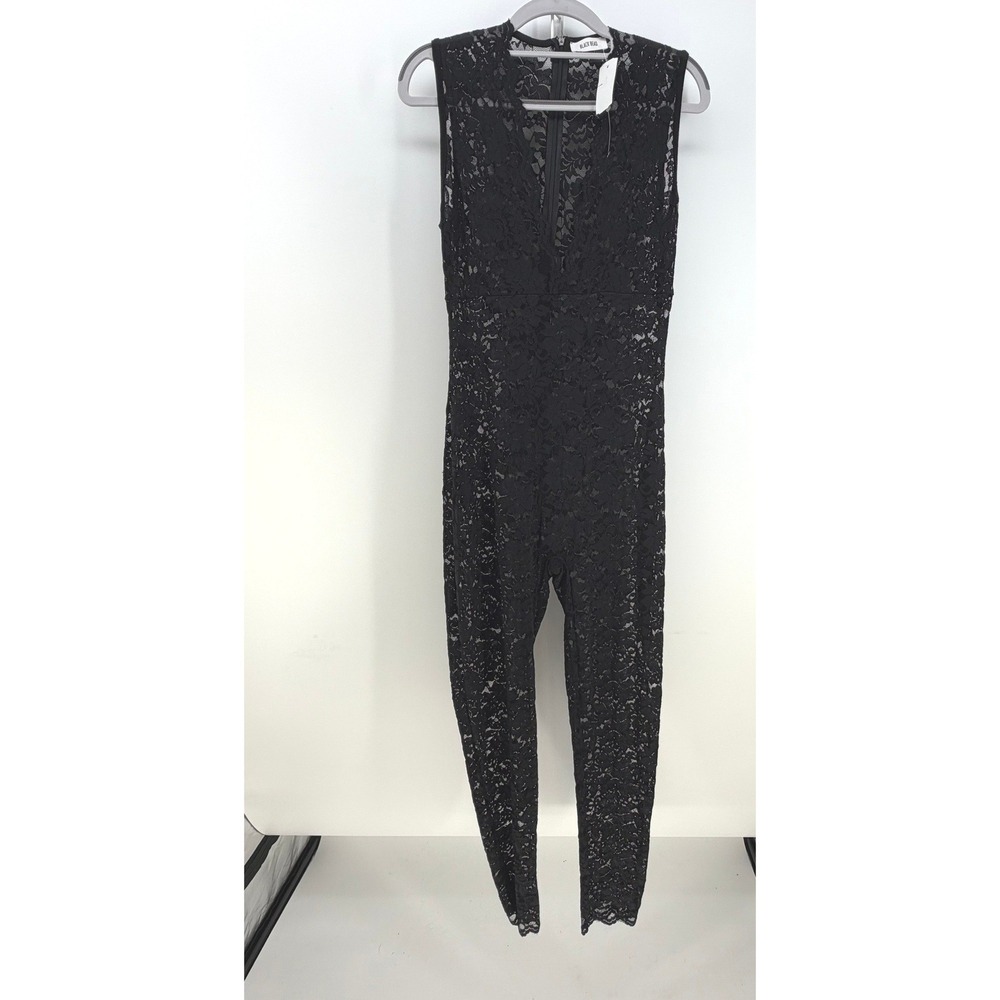 Black Bead Lace Jumpsuit Womens Large Black V-Neck Sleeveless Goth Modern Sheer